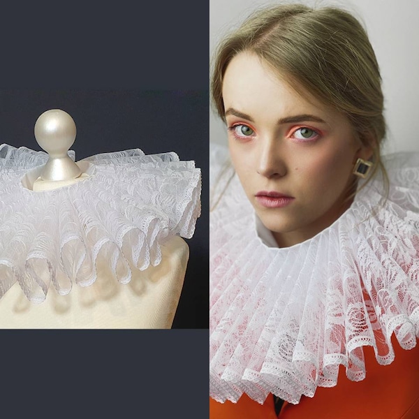 Elizabethan Neck Lace Collar - White Lace - Historical Tudor ruffled gorguera- Renaissance fraise - Barocco style - Transparent Guipure