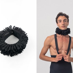 Elizabethan Neck Lace Collar - Schwarz - Historische Tudor Rüschen Gorguera - Perfekt für historische Cosplay oder Themenpartys