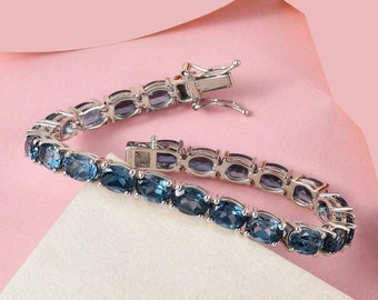 London Blue Topaz Tennis Bracelet in Platinum Over Sterling Silver Blue Topaz Gemstone, Women Bracelete, Personalized Gift, Gift for here
