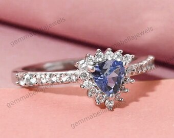 Tanzanite Ring with Natural Zircon in Sterling Silver, Tanzanite Engagement Ring, Tanzanite Solitaire Ring, Trillion Cut Tanzanite Ring