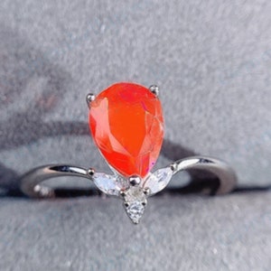 Mexican Orange Engagement Ring Sterling Silver Natural Opal Promise Ring For Women, Pear Fire Opal Ring, Wedding Ring, Anniversery Ring