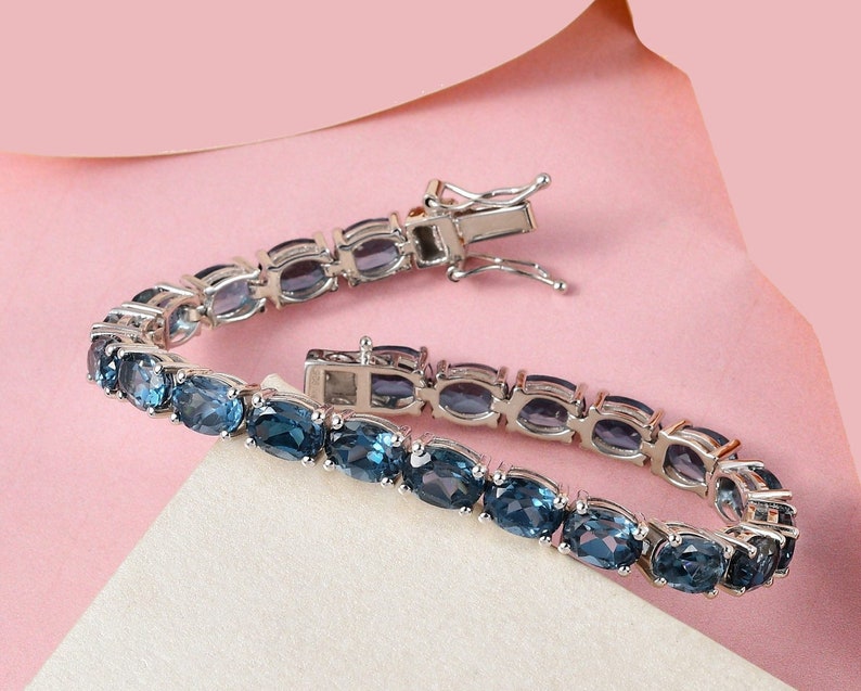 London Blue Topaz Tennis Bracelet in Platinum Over Sterling Silver Blue Topaz Gemstone, Women Bracelete, Personalized Gift, Gift for here image 1