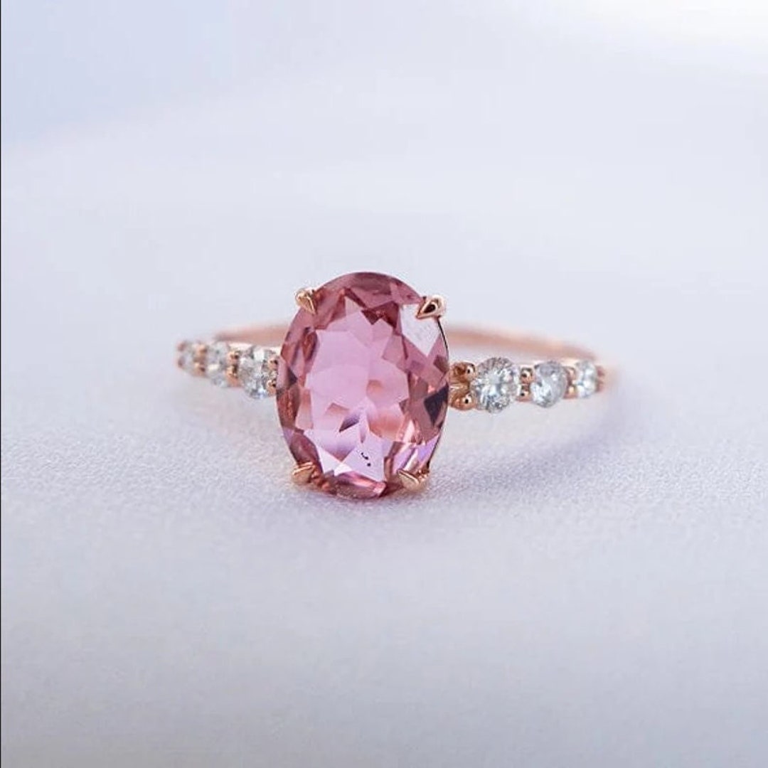Natural Pink Tourmaline Diamond Ring in 14K Rose Gold, Pink Tourmaline