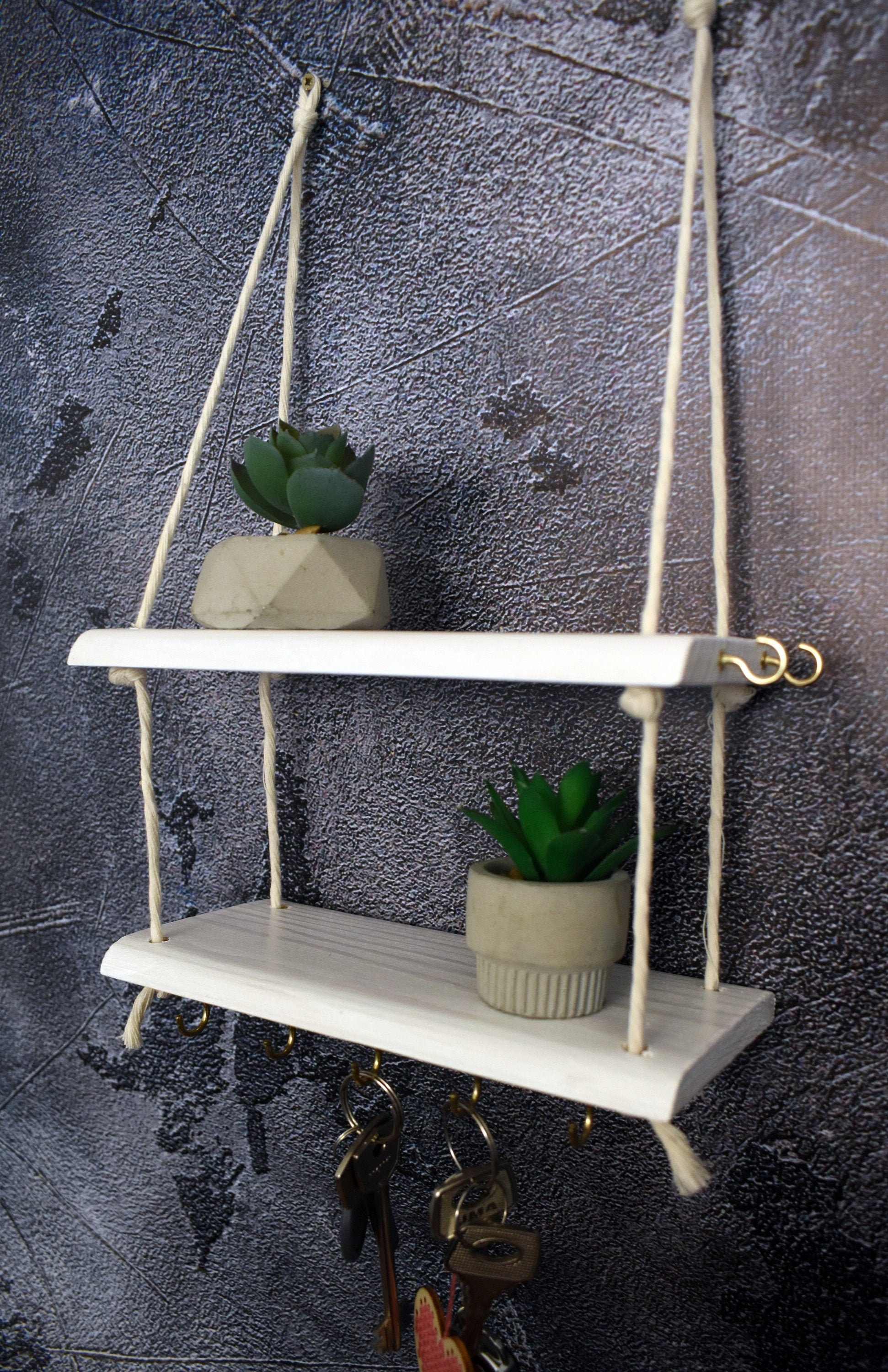White Hanging shelf with hook for wall Hanging key holder Etsy