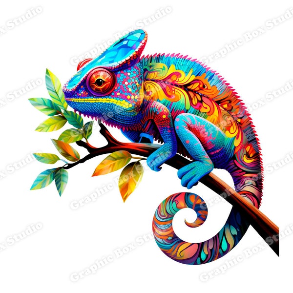 Camaleón PNG, Clipart de lagarto colorido, Diseño gráfico, Camisa de sublimación, Reptil en la rama, Impresión DTG, Descarga digital instantánea