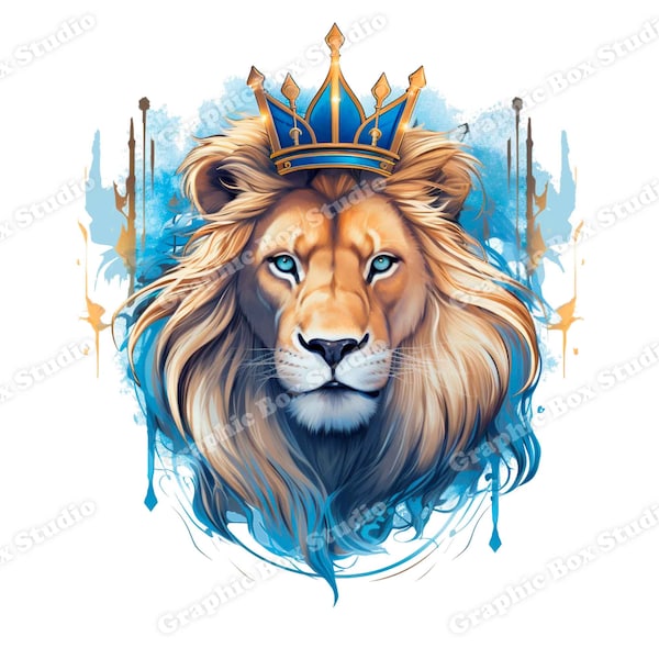 Lion King PNG, Artistic Lion Royal Style with Golden Crown and Blue Details, Gold and Blue Lion PNG, Sublimation Lion Portrait, DTG Printing