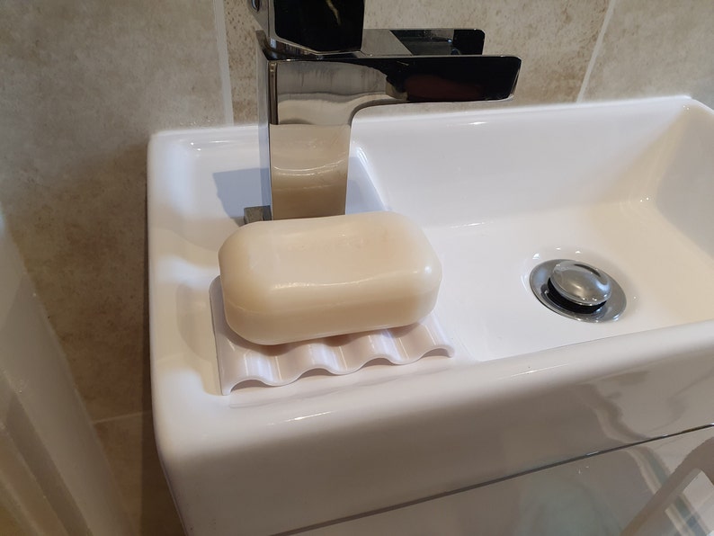 O So Simple Bathroom Sink / Bath Soap Dish Lots of Colours, 9cm by 6cm Wave Formation for Hygenic Drainage PLA. For small sinks. image 3