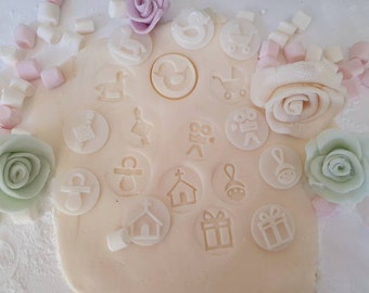 Christening stamp and cutter set - various sizes. A set of 10 cookie / fondant incing stamps PLUS 1 round cookie cutter! Cupcakes, cakes.