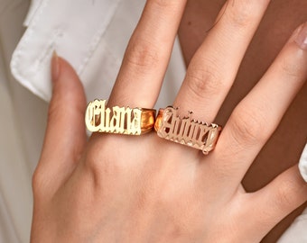 Old English Gothic Letter Ring, Gothic Name Ring, Customized Gothic Ring, Stackable Silver Year Ring, BFF Ring