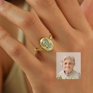Engraved Photo Ring, Custom Photo Ring, Picture Gold Ring, Personalized Stacking Ring, Birthday Gift, Remembrance Jewelry, Gift for Her
