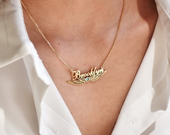 Personalized Memorial Wing Necklace with Birthstone, Angel Wing Necklace, Dainty Angel Wing Name Necklace, Memorial Gift Child, Gift for Mom