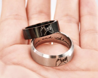Pinky Swear Band Black and Silver, Pinky Promise Rings for Couple, Long Distance Ring, Engraved Wedding Rings, Hidden Message Ring, BFF Ring