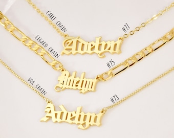 Collar personalizado con nombre en inglés antiguo, collar con nombre en inglés antiguo de 18K, collar con nombre de cadena Figaro, regalo personalizado para ella, resistente al agua