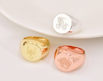 Anillo de sello del zodiaco, anillo del zodiaco, joyería del zodiaco personalizada en plata de ley, regalo de cumpleaños para ella, anillo de constelación, anillo Leo Aries Scorpio