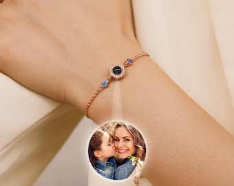 Projection Photo Birthstone Bracelet, 18k Gold Personalized Picture Bracelet, Memorial Gift, Gift for Her, Mom Bracelet, Valentine Day Gift