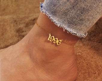 Birth Year Anklet, Personalized Date Anklet, Number Anklet, Beach Jewelry, Gift for Her, Customized Jewelry, Bridesmaid Gift, Foot Jewelry