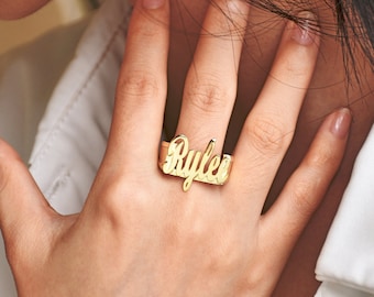 Gold Large Script Name Ring, Customized Cursive Font Name Ring, Custom Name Ring, Personalized Name Ring, Woman Rings, Jewelry Rings