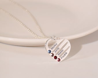 Personalisierte Familienname Halskette, Herz Geburtsstein Halskette, Familienkette mit Geburtsstein, Herz Name Halskette, Mutter Halskette Mama Geschenk