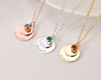 Mama Necklace, Personalized Name Disc Birthstone Necklace for Women, Coin Necklace Birthstone Jewelry, Engraved Necklace, Gift for Mom