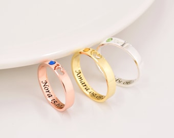 Spersonalizowany pierścionek z imieniem i datą, spersonalizowany pierścionek z kamieniem urodzinowym w kształcie stóp dziecka, biżuteria dla matki, prezent urodzinowy, biżuteria z okazji poronienia, strata dziecka