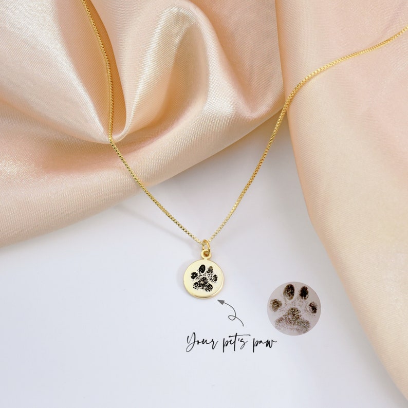 May include: Gold necklace with a round pendant featuring a black paw print. The pendant is attached to a delicate gold chain. The text "Your pet's paw" is written below the pendant.