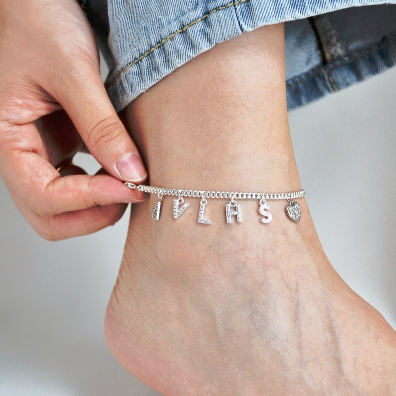 Personalized Sparkle Initial Heart Anklet, Ankle Bracelet with Heart Charm, Personalized Letter Anklet, Gift for Her, Adjustable Ankle Chain image 4