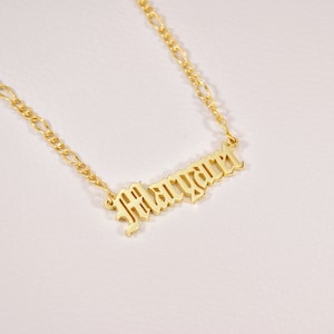18K Old English Name Necklace, Personalized Gothic Name Necklace, Name Necklace Figaro Chain, Modern Name Necklace, Gift for Her
