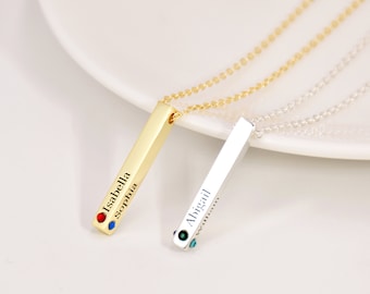 Vertical 3D Bar Necklace with Birthstone, Custom Name Bar Nameplate Necklace, Personalized Birthstone Necklace, Birthstone Necklace Jewelry