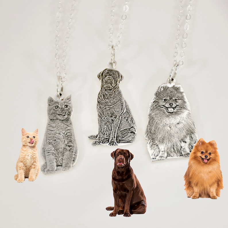 May include: Four silver pendants with images of pets. The pendants are on silver chains. The pendants feature a grey cat, a black dog, a brown dog, and a fluffy white dog.
