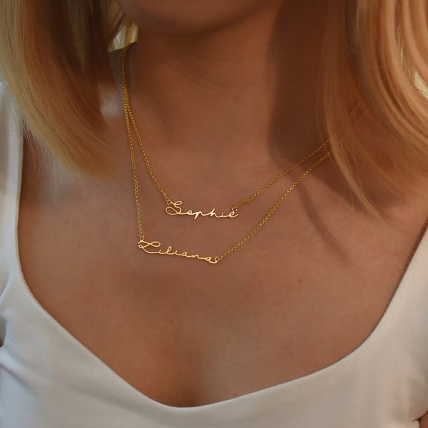 Collier de nom de chaîne double, collier de nom de couche personnalisé, collier de nom de famille, bijoux de nom d’or personnalisés, cadeau de mère pour elle