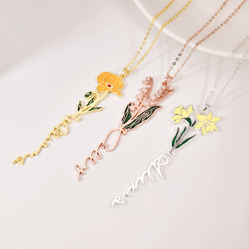 Name Necklace with Birth Flower, Personalized Dainty Flower Necklace, Customized Flower Jewelry, Gift for Her, Gift for Bridesmaid image 2