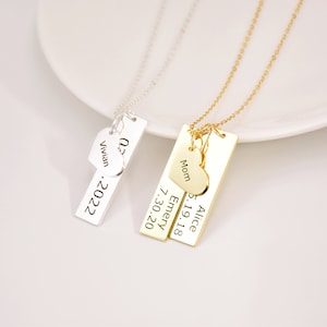 Kids Names Personalized Necklace for Mom, Vertical Bar Necklace for Mom or Grandma, Bar Necklace with Heart, Custom Birthday Gift for Her