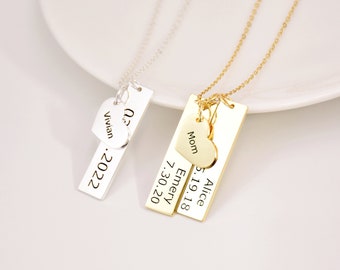 Kids Names Personalized Necklace for Mom, Vertical Bar Necklace for Mom or Grandma, Bar Necklace with Heart, Custom Birthday Gift for Her