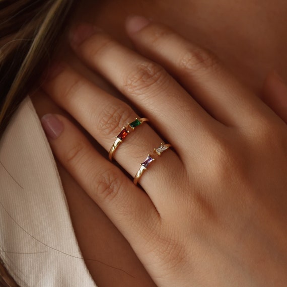 Dainty Birthstone Ring Family Birthstone Ring Custom Baguette