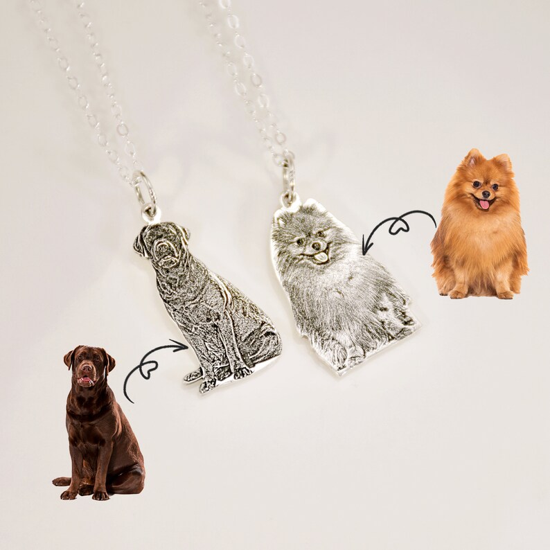 May include: Two silver necklaces with dog photo pendants. One pendant features a black Labrador Retriever, the other a brown Pomeranian.