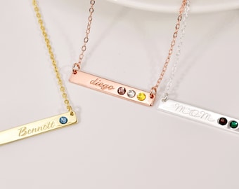 Engraved Birthstone Name Necklace, Custom Birthstone Bar Necklace, Personalized Name Jewelry, Tiny Crystal Small Birthstone, Gift for Mom