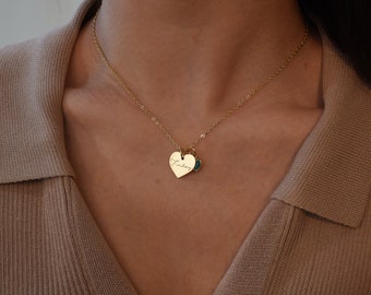 Heart Shape Birthstone Necklace, Heart Personalised Name Necklace, Birth Month Jewellery, Gift For Her, Women Girl Gift for Wedding