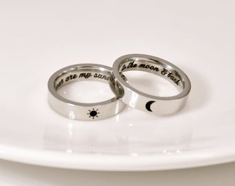 Moon Sun Couple Rings, Moon and Sun Ring Set, Matching Rings for Best Friend, Engraved Wedding Rings, Hidden Message Ring, BFF Ring