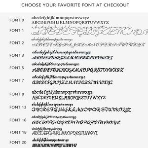 May include: A chart displaying various font styles, labelled with numbers 0, 1, 2, 3, 5, 7, 8, 13, 16, 18, 20, and 23. The text "Our Font Choices" is at the top of the chart, and the text "Choose your favourite font at checkout" is below it.