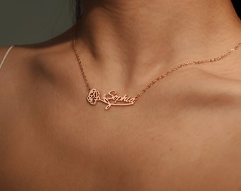 Collar de nombre personalizado con flor de nacimiento, regalo personalizado del día de la madre, collar de nombre personalizado, joyería de nombre de oro, regalo personalizado