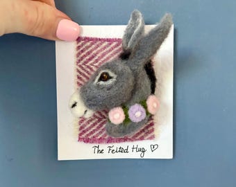 Needle Felted Donkey Brooch: Wool Animal Pin with Blossom Necklace. Unique gift.
