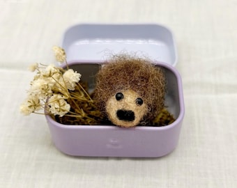 Needle Felted hedgehog in a tin: Handmade Miniature Wool Gift. Hedgie Hug.