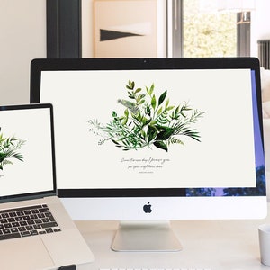 May include: Two computer screens with a green watercolor floral design and the text "Sometimes a day I praise you for your faithfulness" on a white background.