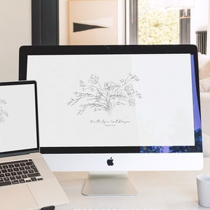 Könnte beinhalten: Zwei Computerbildschirme mit weißen Hintergründen, die eine einfache Linienzeichnung von Blumen und den Text "From this day on I will bless you" mit dem Bibelvers "Numeri 6:24" zeigen.