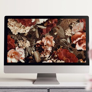 Vintage Flowers Desktop Wallpaper, Aesthetic Floral PC Background, Orange Red Flowers, Toned Down Bouquets, Modern Floral Design, Laptop&Mac