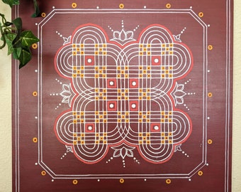 Padi Kolam and Neli Kolam on a wooden sheet (2 sided) /Rangoli/Pooja Decor/Navaratri Decor/Diwali Decor (12 inches x 12 inches x 3mm)