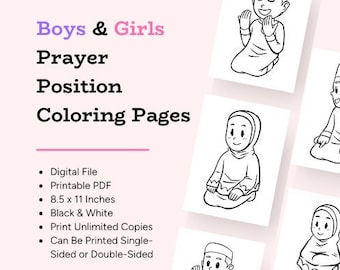 Prayer Position Salat Salah Coloring Pages For Little Muslims | Printable PDF | Black & White | Including Takbir, Qiyam, Ruku, Sujud, Jalsa