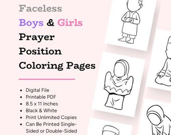 Prayer Position Salat Salah Coloring Pages For Little Muslims | Printable PDF | B&W | Faceless | Including Takbir, Qiyam, Ruku, Sujud, Jalsa