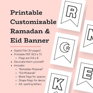 Może przedstawiać: Drukowana girlanda ramadanu i eid z czarno-białymi flagami z literami, półksiężycem i gwiazdą oraz pustymi flagami. Flagi mają 5,8 cala na 8 cali i są częścią 30-stronicowego pliku cyfrowego.