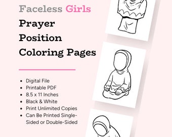 Prayer Position Salat Salah Coloring Pages For Muslim Girls | Printable PDF | B&W | Faceless | Including Takbir, Qiyam, Ruku, Sujud, Jalsa